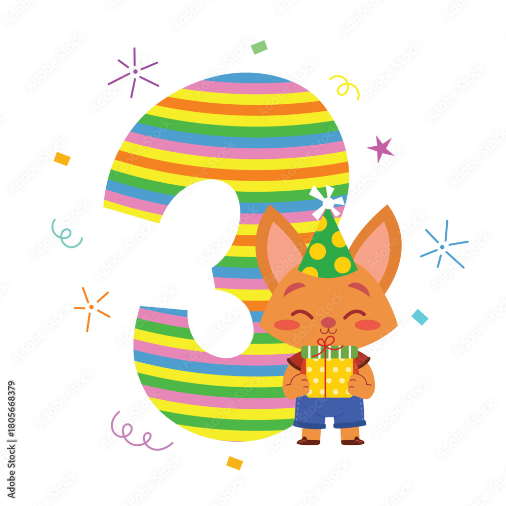 Obraz premium Cute cartoon fox with a gift, ready to celebrate a 3rd birthday.