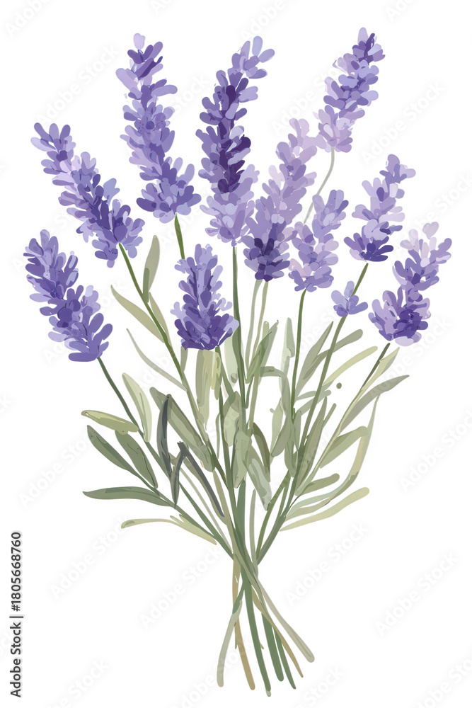 Obraz premium Watercolor painting of a lavender bouquet isolated on transparent background, featuring delicate purple flowers and slender green leaves in a charming arrangement