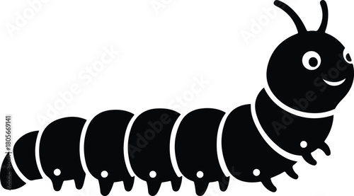 Black caterpillar illustration with a smiling face and segmented body perfect for design.