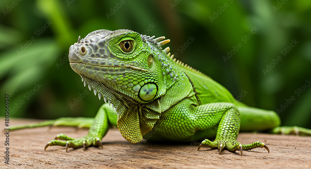 Obraz premium A green iguana rests on a wooden surface, its eye visible, against a blurred leafy green background.