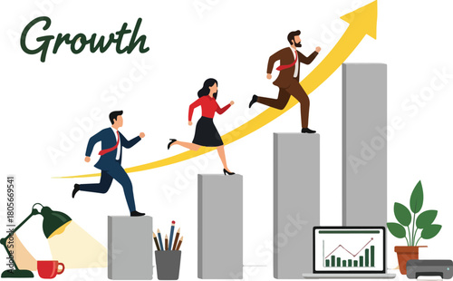 Business growth and success concept with people running up the stairs.