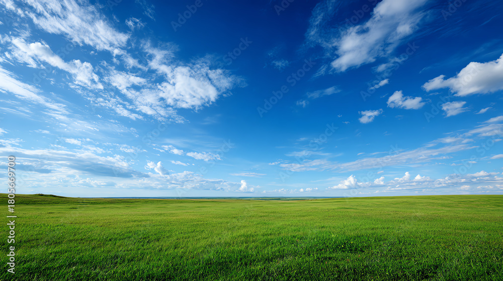 Obraz premium A serene wide-open field under a bright blue sky and scattered clouds, perfect for nature lovers and outdoor enthusiasts.