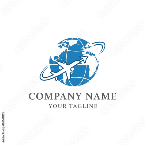 Global travel agency logo with airplane circling the earth.