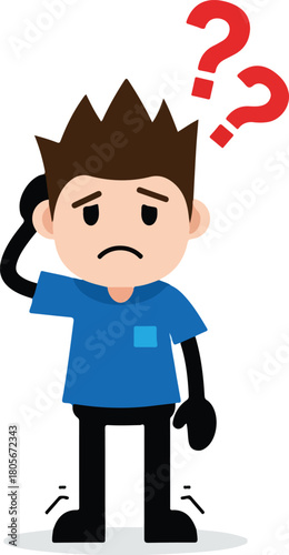 Confused man with question marks pondering a difficult problem thinking hard.