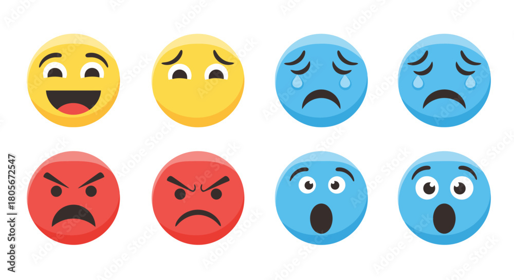 Fototapeta premium Collection of various emoji faces expressing different emotions, feelings, and expressions.