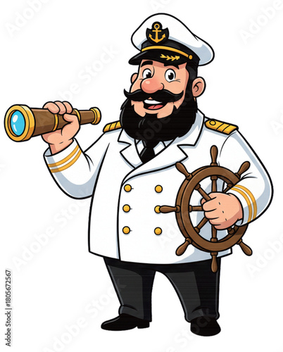 a captain wearing a suit like a ship's driver is holding binoculars and looks excited