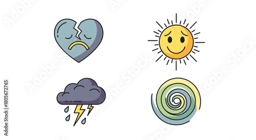 Four distinct icons representing emotions and weather conditions, including a broken heart, a smiling sun, a storm cloud, and a spiral.