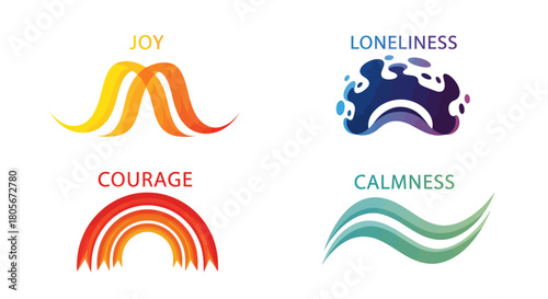 Four abstract designs representing joy, loneliness, courage, and calmness.