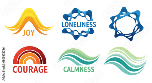 A collection of six abstract logos representing various human emotions and states of mind, including joy, loneliness, courage, and calmness.