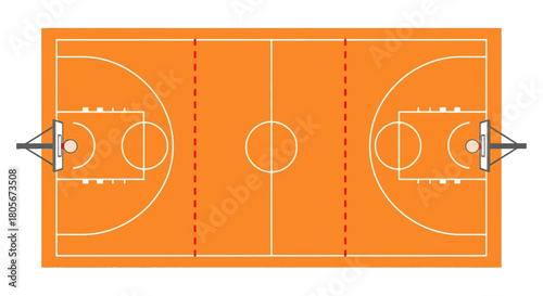 Topdown view of an orange basketball court with white lines  backboards divided by 2 red dotted lines