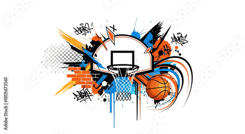 A basketball hoop and ball amidst graffiti and paint splatters