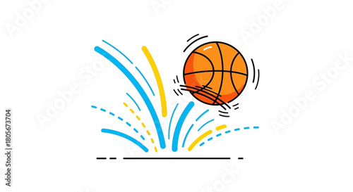 A basketball with blue and yellow waterlike splashes rising from a dark line possibly depicting bouncing