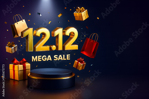 1212 mega sale promotion with gift box and shopping bag on podium for online shopping banner background
