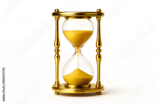 Golden hourglass with sand running through it isolated on white background, symbolizing the passage of time and deadlines