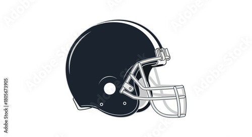 A football helmet is displayed with a white face mask a white stripe and dark blue details