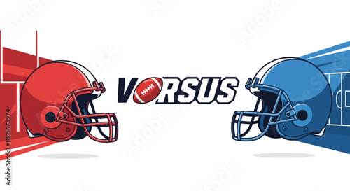 A football matchup graphic featuring red and blue helmets facing off over the word VORSUS the O being a football