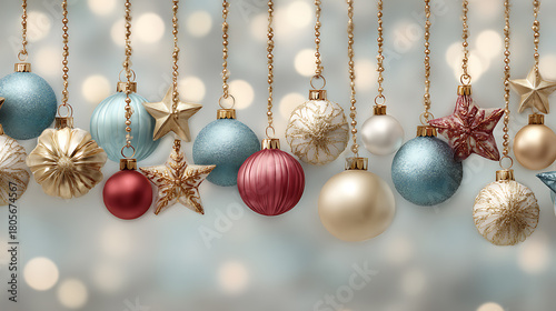 Elegant Christmas background with hanging ornaments and stars in gold, blue, and red tones, festive holiday decoration