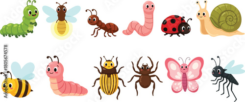 Collection of various colorful cartoon insects and bugs on white background.