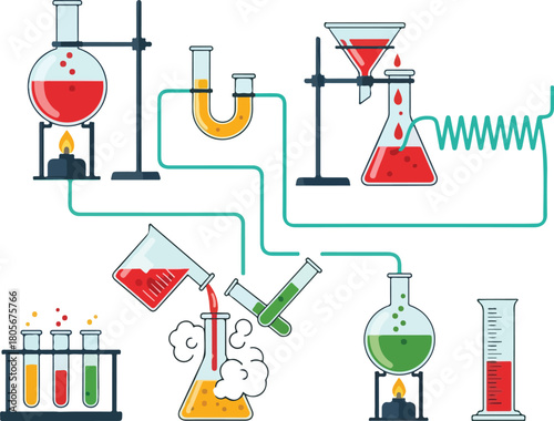 Complex chemical laboratory setup with various equipment and experiments in progress.