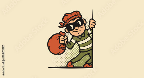 Cartoon thief sneaking with loot sack, comic mischief and playful crime icon