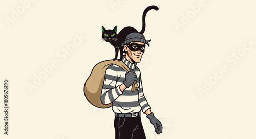 Cartoon burglar with sack and black cat perched on shoulder, sneaky mischief