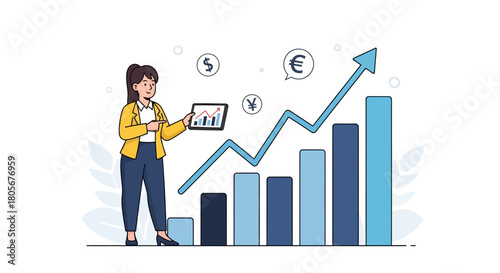 Businesswoman showing financial growth charts with currency symbols nearby
