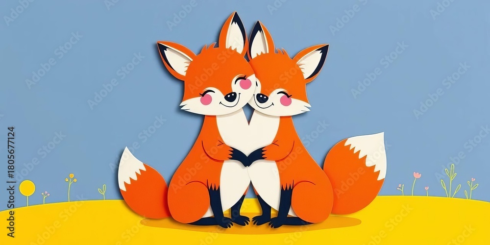 Obraz premium Two cheerful cartoon foxes hugging, vibrant paper cut style, whimsical, hug