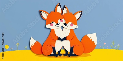 Two cheerful cartoon foxes hugging, vibrant paper cut style,  whimsical,  hug