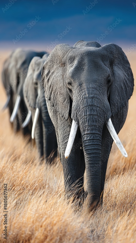 Naklejka premium Majestic giants: elephants roaming the heart of the african savanna. Studio shot. Epic african journey: elephants move gracefully through tarangire park. Creative poster. Professional photo.