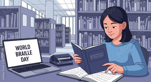 Celebrating World Braille Day with woman reading braille book in the library