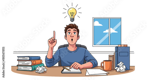 Eureka moment inspires cartoon student studying at desk with bright idea