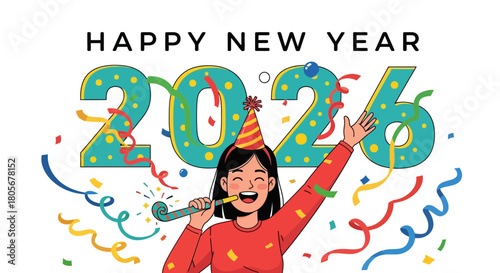 Joyful New Year 2026 celebration with confetti and party favors galore