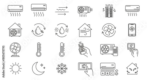 Weather Icons Set Showing Temperature, Airflow, and Climate Controls in Minimalist Line Art Style