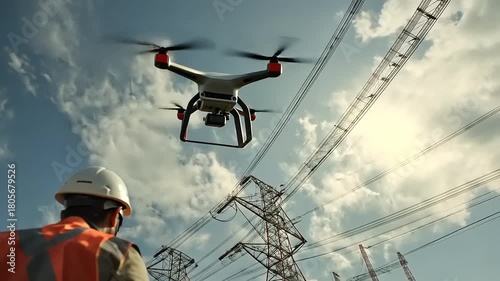 Drone flying over power lines while a worker in safety gear observes from below in a clear sky
