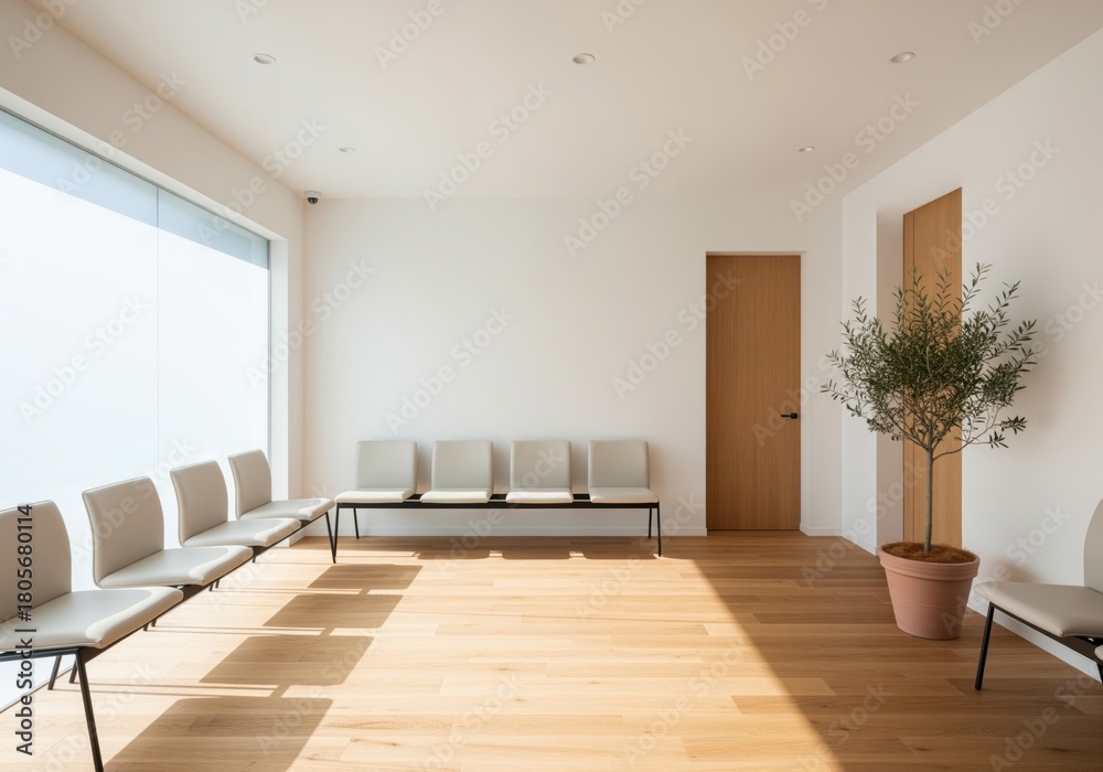 Obraz premium Sophisticated minimalist waiting room design featuring bright light, modern seating, and wood accents.