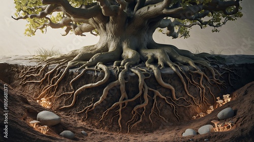Underground tree roots with soil and mushrooms in natural forest illustration
