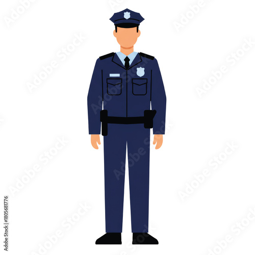 A flat vector illustration of a male police officer standing in a full dark blue uniform with a hat and badge.
