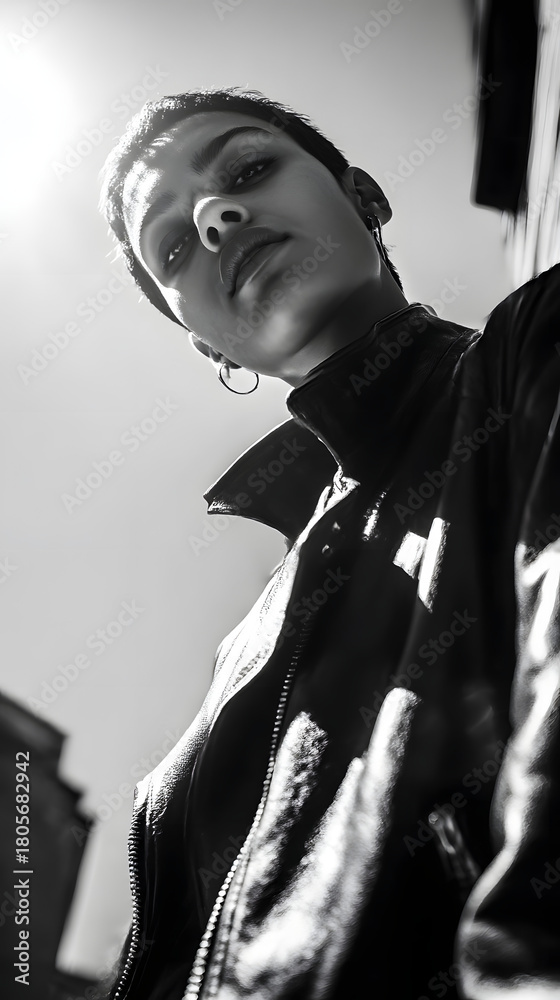 Naklejka premium Confident Look: Captured in monochrome, a bold individual gazes upwards, embodying strength and self-assurance, a study in urban cool.