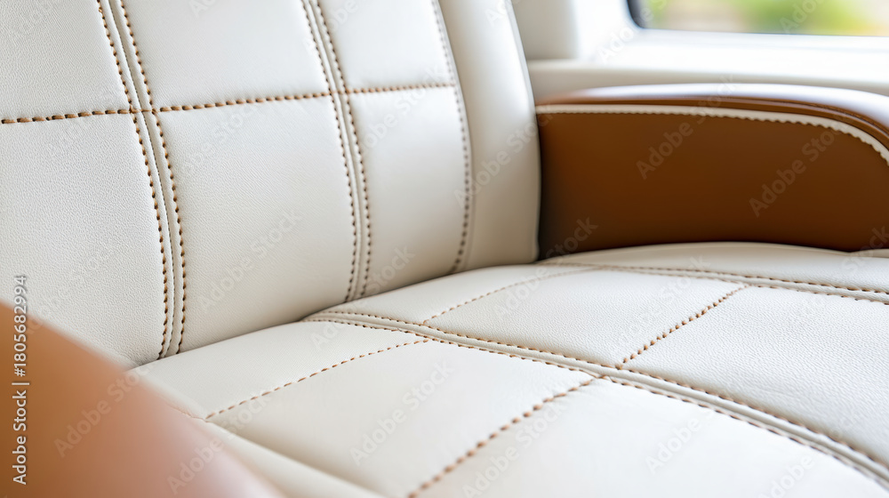 Obraz premium Cream white leather seat with detailed stitching and warm brown armrest, cozy premium interior