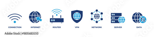 Connected World Icons set vector illustration blue with Connection, Internet, Router, Vpn, Network, Server, Data