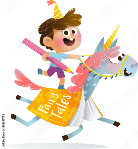 A joyful boy rides a magical unicorn made from a fairy tale book. Kids playful creativity and adventure imagination with bright colors. A hand drawn vector cartoon illustration for kids and children.