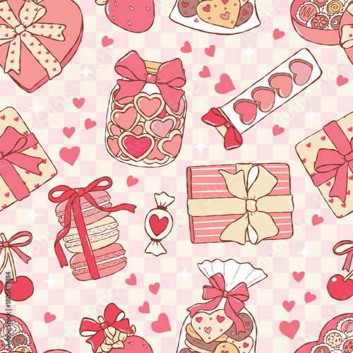 Valentines Gift Seamless Pattern, Date Night Elements Digital Paper, Trendy Pink Valentine Treats Fabric Design Vector