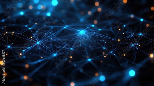 Futuristic glowing blue network of interconnected nodes and fine lines with scattered warm orange lights on a dark background, conveying dynamic connectivity and energy