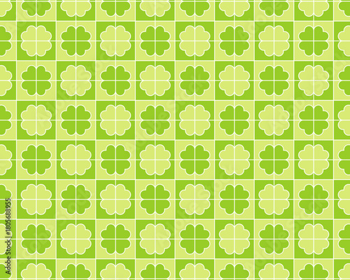 四つ葉のクローバー模様のタイル柄シームレスパターン  緑色の可愛い四葉モチーフの幾何学背景
