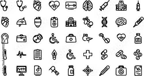 A comprehensive set of medical and healthcare line icons. Includes symbols for hospital, emergency, pharmacy, and wellness concepts for web and app design
