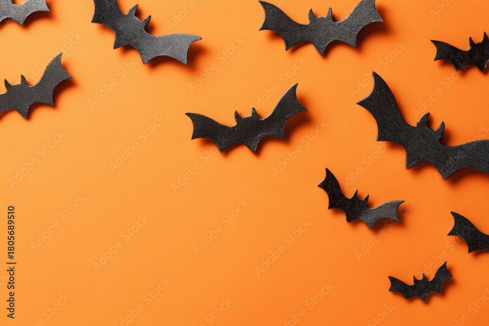 Fototapeta premium Eerie atmosphere with halloween decor on a festive background. Extravagant style. Enhanced halloween scene with varied bats, ghosts, and pumpkins on orange. Glamorous lifestyle. Rich texture.