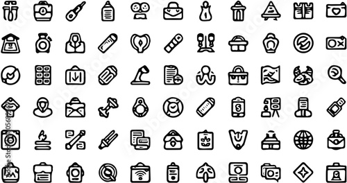 A comprehensive collection of bold line art icons representing various office, school, and business stationery items for user interface design