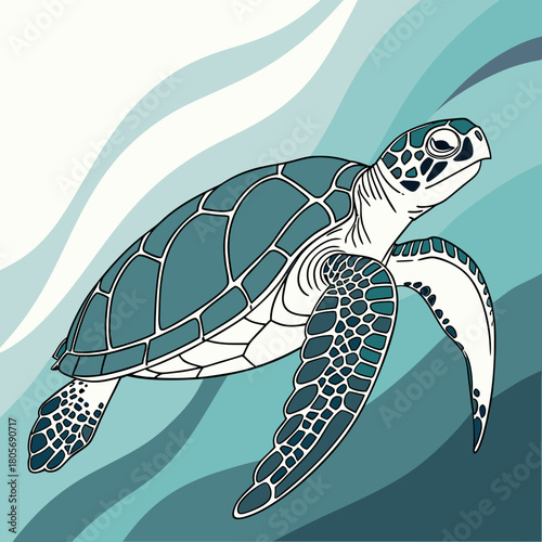 Stylized illustration of a green sea turtle swimming through abstract blue waves