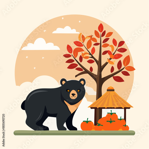 人里の柿の木に現れる熊のイラスト アーバンベアと社会問題  注意喚起