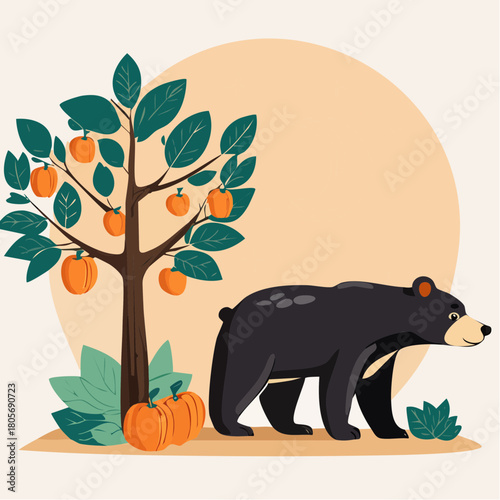 人里の柿の木に現れる熊のイラスト アーバンベアと社会問題  注意喚起